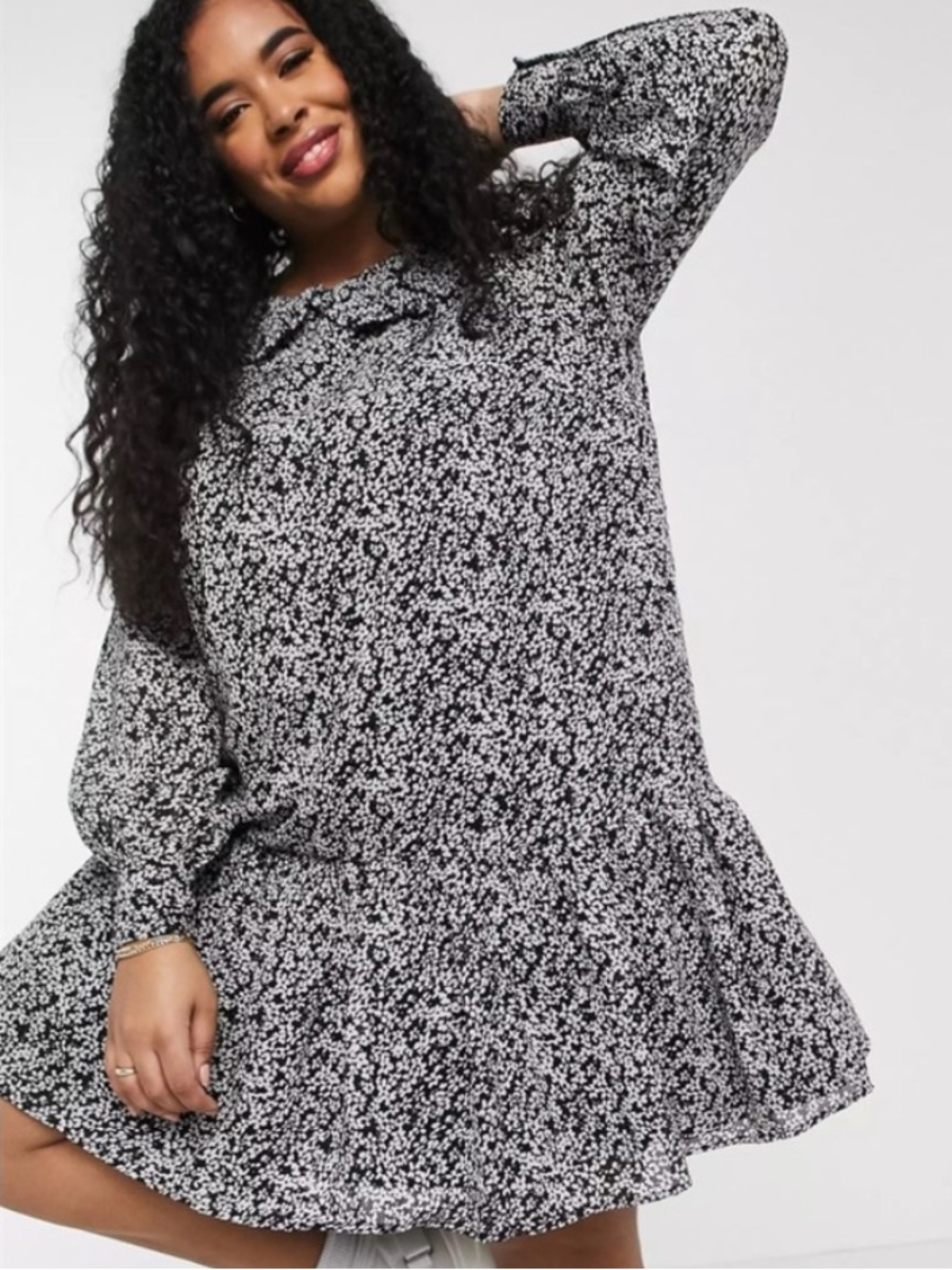 ASOS New Look Curve Collared Tiered Mini Dress Black White Floral Size 24